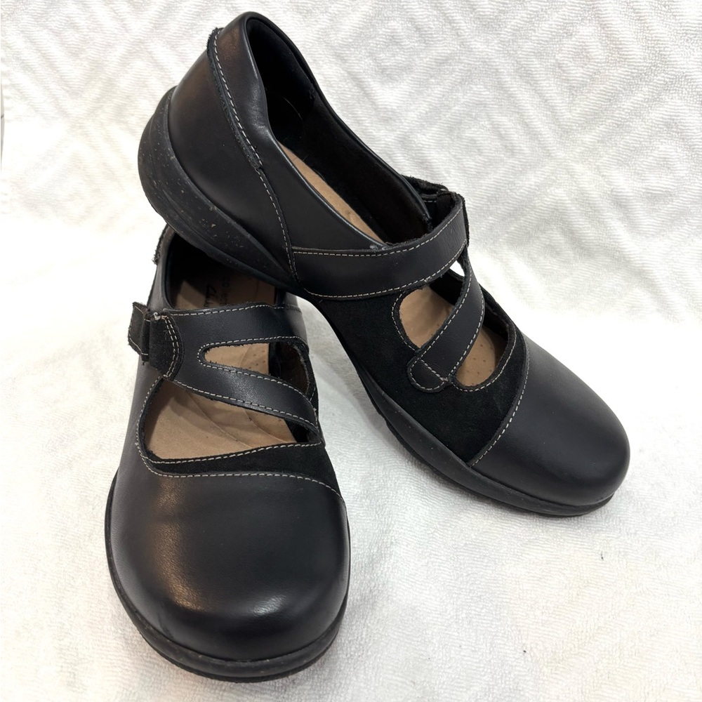 Clarks Black Leather Flats with Strap